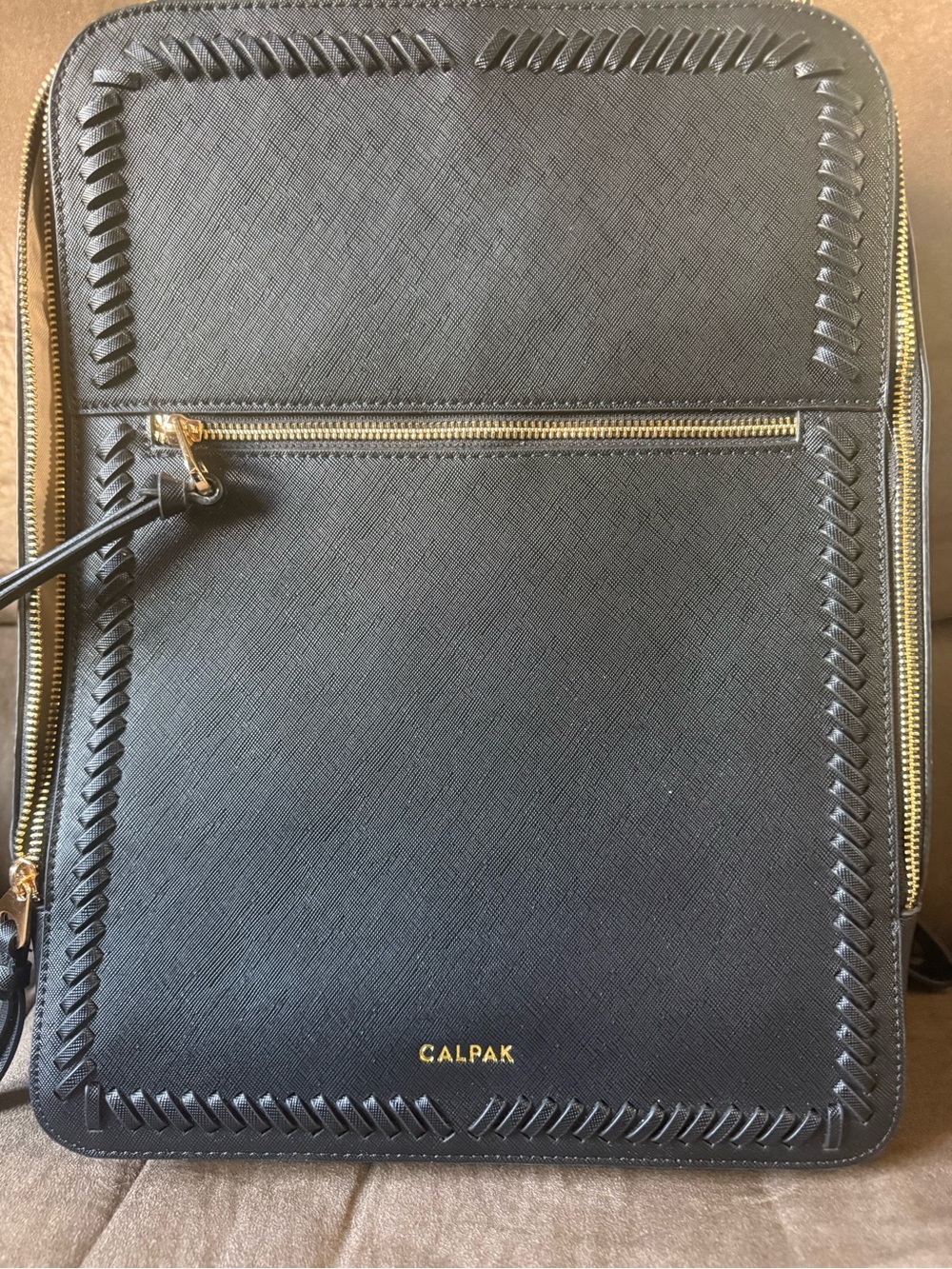 Calpak Black Leather Laptop Backpack with Gold Hardware